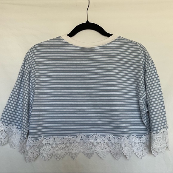 Topshop Blue and White Crop T-Shirt with Lace - Picture 3 of 5